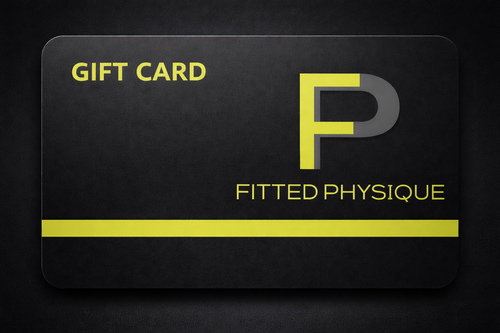 Gift card with 'Fitted Physique' logo on a dark background