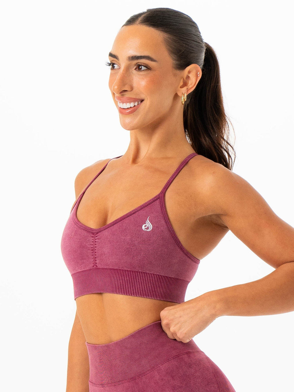 Ryderwear Stonewash Seamless Sports Bra in wine, back view
