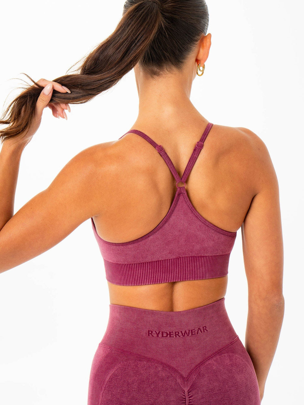 Ryderwear Stonewash Seamless Sports Bra in wine, detail view