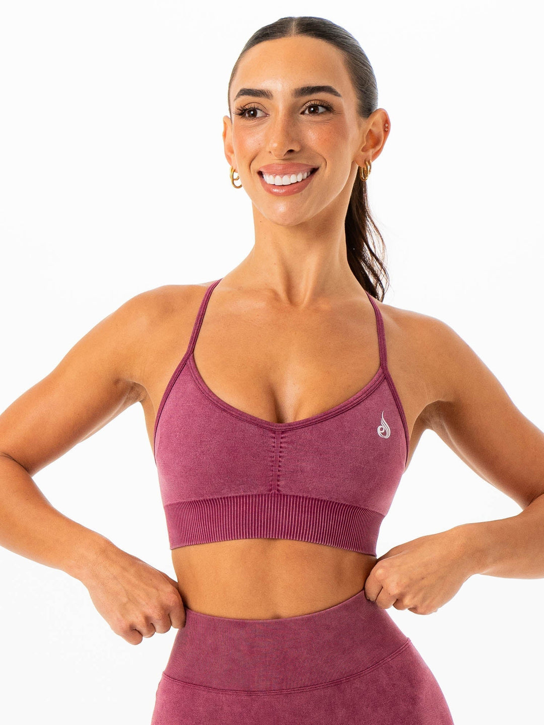 Ryderwear Stonewash Seamless Sports Bra in wine, front view